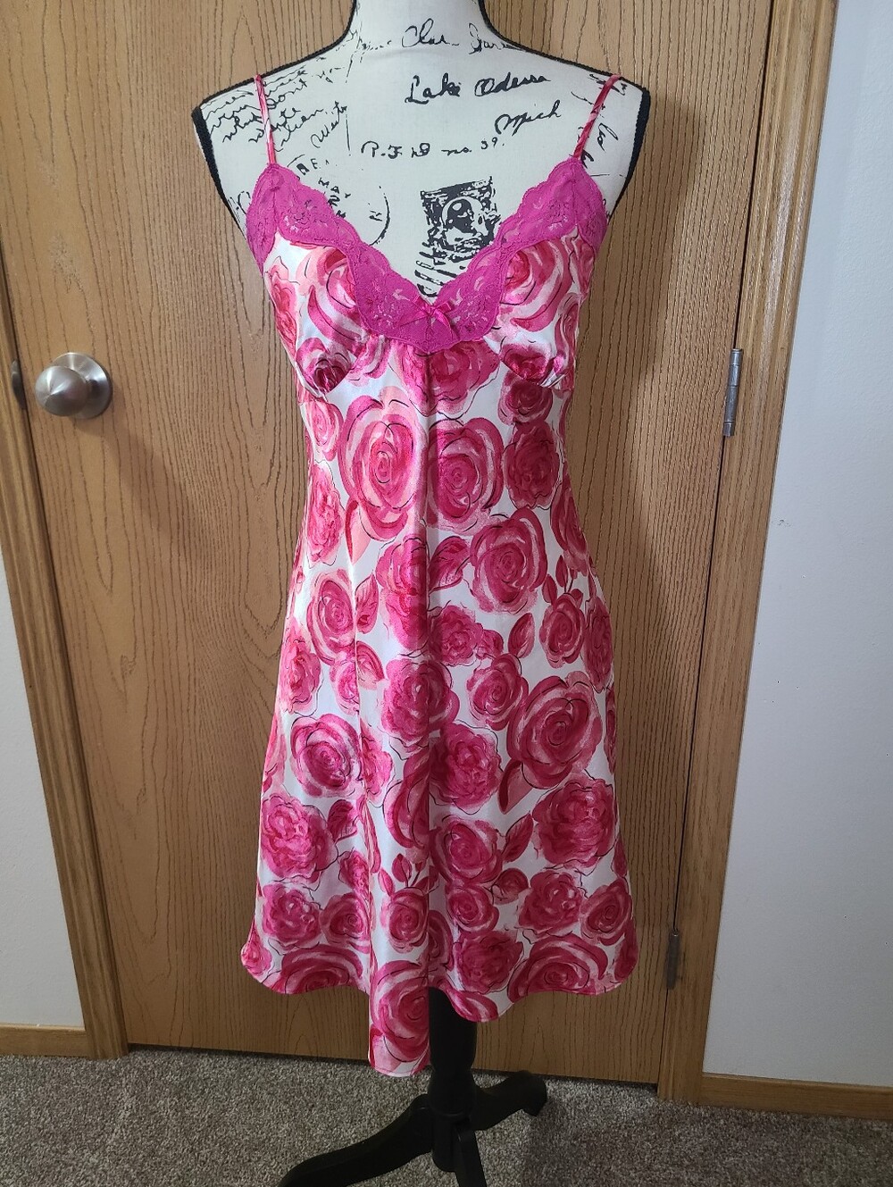 Ambrielle Satin Rose Print Lace Trim Slip Nightgown